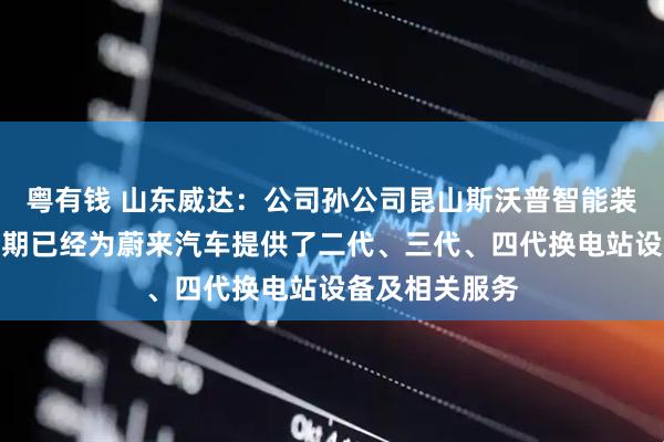 粤有钱 山东威达：公司孙公司昆山斯沃普智能装备有限公司前期已经为蔚来汽车提供了二代、三代、四代换电站设备及相关服务